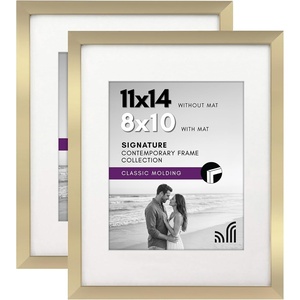 image:imageAmericanflat 11x14 Picture Frame with ShatterResistant Glass  Set of 2  Use as 8x10 Frame with Mat or Display 11x14 Photo Without Mat  Signature Collection  Picture Frames for Wall  White  Engineered Wood construction Shatterresistant glass hangs vertical or horizontal sawtooth hangers includedGold