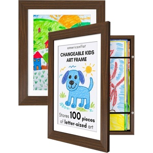 image:imageAmericanflat 85x11 Changeable Kids Art Frame  White  Holds 100 art pieces magnetic front door builtin keyholes for wall display stores finished artworkWalnut
