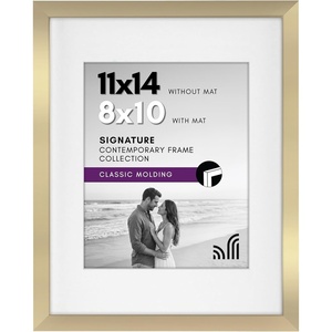 image:imageAmericanflat 11x14 Picture Frame with ShatterResistant Glass  Use as 8x10 Frame with Mat or Display 11x14 Photo Without Mat  Signature Collection  Picture Frames for Wall Display  Gold  Shatterresistant glass hangs vertical or horizontal sawtooth hangers included use with or without matGold