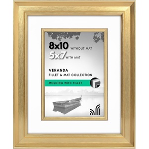 image:imageAmericanflat 8x10 Picture Frame with ShatterResistant Glass  Use as 5x7 Frame with Mat or Display 8x10 Photo Without Mat  Streamline Collection  Picture Frames for Tabletop and Wall  Gold  Shatterresistant glass wall or tabletop display with included easel triangle hangers included secure turntab backingGold