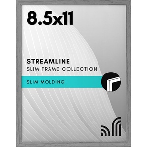 image:imageAmericanflat 85x11 Picture Frame with ShatterResistant Glass  Streamline Collection  Thin Border Photo Frame for Tabletop and Wall Display  Hanging Hardware and Easel Stand Included  Grey  Shatterresistant glass wall or tabletop display with included easel sawtooth hangers included secure turntab backingGrey