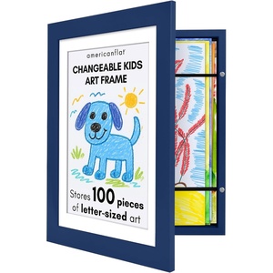 image:imageAmericanflat 85x11 Paintable Kids Art Frame  White  Paintyourown canvas border with 12 paints and 2 brushes frontloading frame holds 100 artworks for wall or tabletopNavy