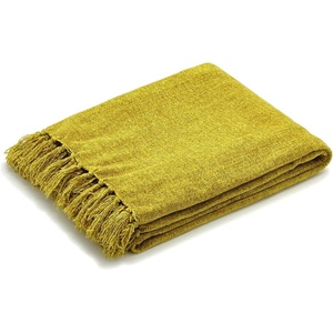image:imageAmericanflat Chenille Throw Blanket in Dark Blue  Breathable Polyester with Decorative Fringe  Wrinkle and Fade Resistant  50 x 60Mustard